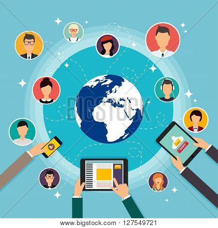 Social Network Vector Concept. Flat Design Illustration For Web Sites Infographic Design With Laptop