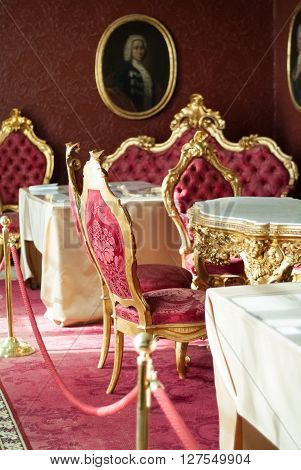 Varenna, Italy - September 4th 2015: inside the Red Room at Villa Monastero a house museum near Lake Como in Varenna Italy.