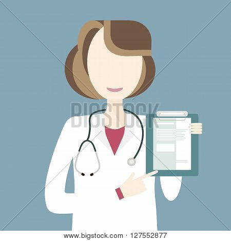 Doctor holding medical notepad. Illustration of woman doctor character health care at hospital. Profession icon doctor design flat style.