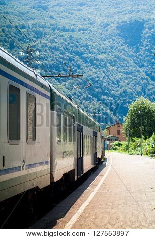 Colico Italy - September 8th 2015: a Trenord train ready to deaprt from Colico a town in the northern part of Lake Como