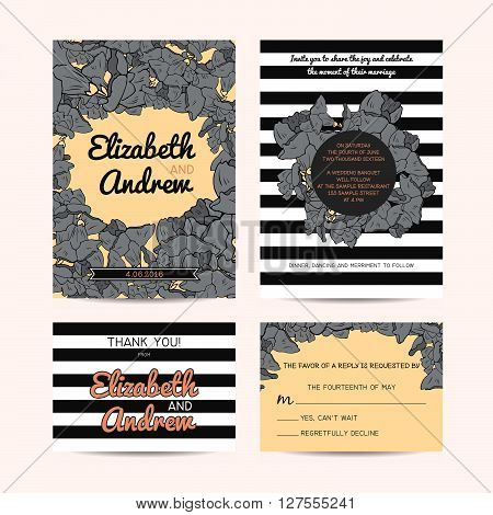wedding set with invitation and rsvp cards floral and striped background