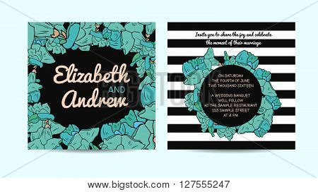 Wedding invitation card with floral and striped background