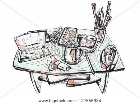 hand drawn marker sketch of artist workplace