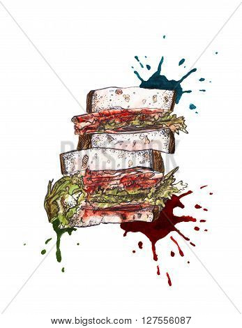 watercolor and liner sandwich iluustration. ink splashes