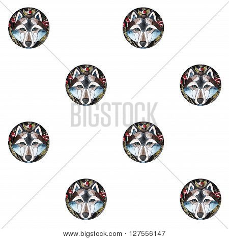 seamlees pattern. watercolor illustration of cute wolf with briar brunch