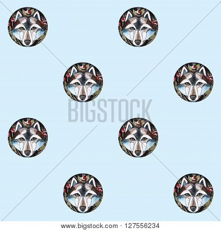 seamlees pattern. watercolor illustration of cute wolf with briar brunch