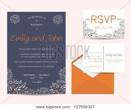 Wedding Floral Set With Invitation And Rsvp Cards
