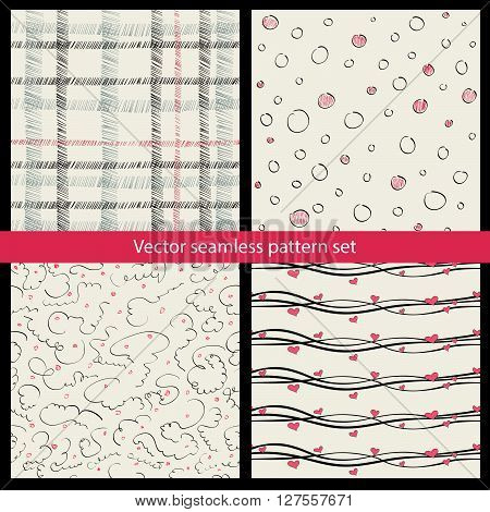 hand drawn doodle seamless pattern set. vector background