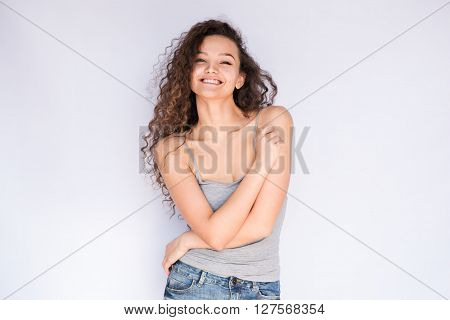 smile happy woman young curls beautiful background