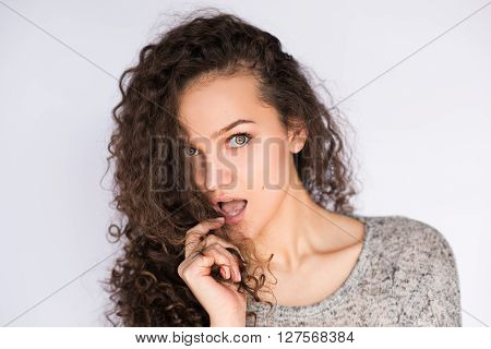 smile happy woman young curls beautiful background