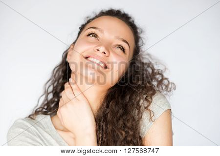 smile happy woman young curls beautiful background
