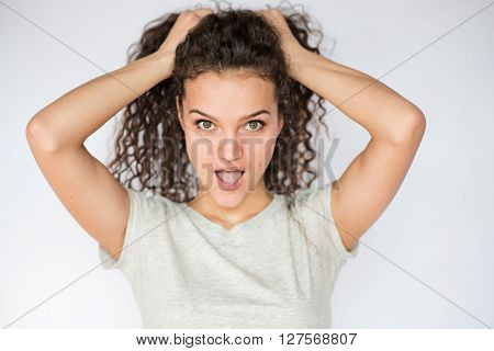 smile happy woman young curls beautiful background
