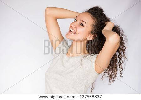 smile happy woman young curls beautiful background