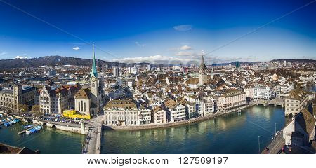 Zuerich, Switzerland - February 11, 2016 - View Of Historic Zurich City Center With Famous Grossmuns