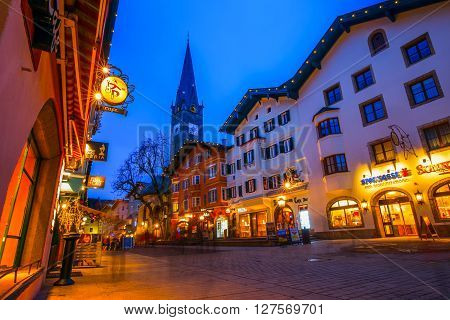 KITZBUEHEL AUSTRIA - FEBRUARY 15 2016- View of historic city Kitzbuehel at night place of famous hahnenkamm races and one of the best ski resort in the world with 170 km prepared slopes