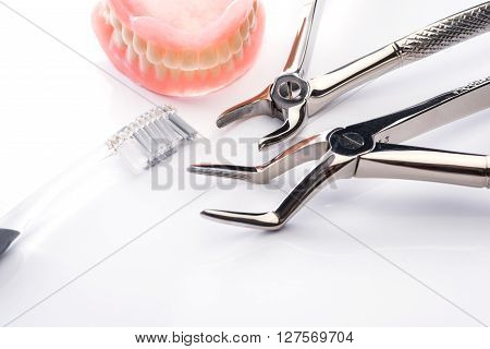 Teeth Model With Toothbrush And Forceps On White Background