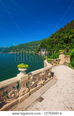 VILLA BALBIANELLO ITALY - May 17 2015 - Beautiful view to Como lake and Alps from Villa Balbianello Italy. Villa was used for several films scene like Casino Royale and Star Wars.