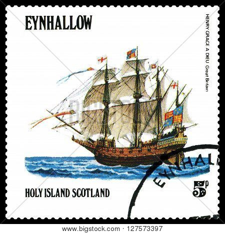 STAVROPOL RUSSIA - APRIL 09 2016: a stamp printed by Scotland shows old Sailing ship Henry Grace a Dieu Great Britain circa 1984 .