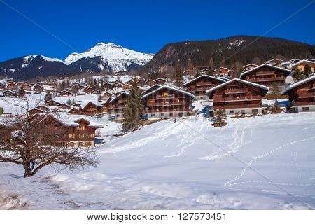 WENGEN SWITZERLAND March 1 2013 - Snowy mountain chalet in Swiss Alps