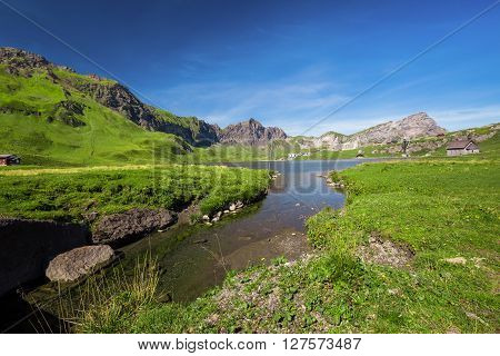 View to Melchsee Frutt and Swiss Alps panorama from Melchsee Frutt Switzerland Europe