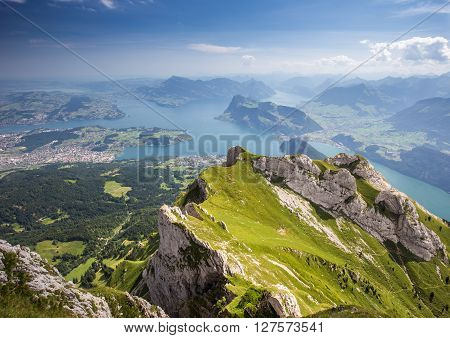 Beautiful view to Lucerne lake (Vierwaldstattersee) mountain Rigi and Buergerstock from Pilatus Swiss Alps Central Switzerland