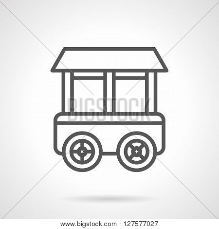 Shop on wheels. Grocery stall. Trolley for food and beverages trade. Simple black line vector icon. Single element for web design, mobile app.