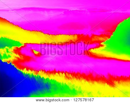 Infrared Scan Of Rocky Landscape, Pine Forest With Colorful Fog, Hot Sunny Sky Above. Amazing Thermo