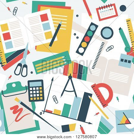Seamless pattern in flat style, desk of the student with books, notebooks and stationery