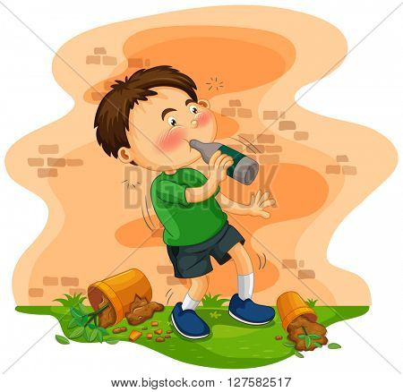 Little boy getting drunk illustration