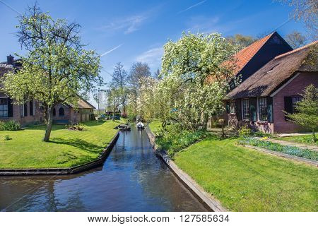 Spring in Giethoorn, a small village in Overijssel province in the Netherlands. Part of the village has no car roads and some houses are accessible by boat only.
