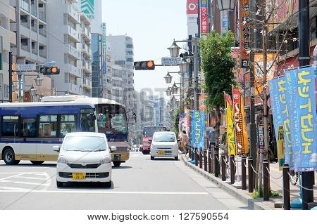 TOKYO - MARCH 31, 2016:  the area around Koenji Station on MARCH 31, 2016 in Tokyo. Koenji is famous firstly as a center of alternative youth culture,in particular for its second-hand clothing stores