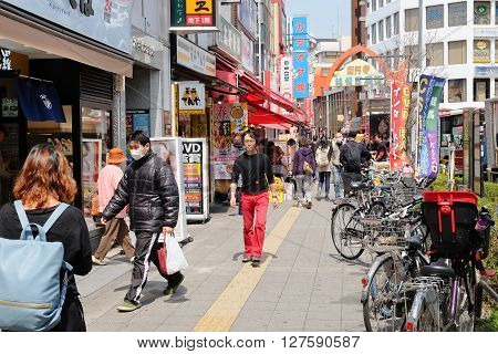TOKYO - MARCH 31, 2016: lifestyle around Koenji Station on MARCH 31,2016 in Tokyo. Koenji is famous firstly as a center of alternative youth culture,in particular for its second-hand clothing stores