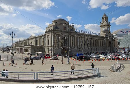MOSCOW, RUSSIA - APRIL 24, 2016: The building of the Kiyevskaya railway station the area of the Kiev station Building 1 a view from the European Square built in 1899 until 1934 was called Bryanskiy