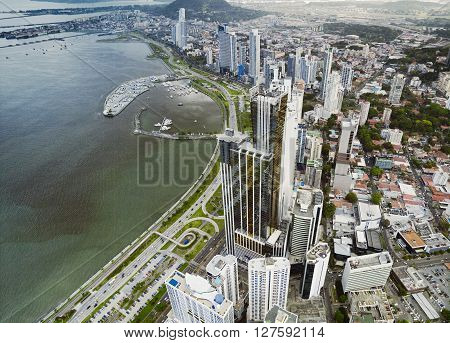 Aerial view of the coastline of Panama City, Panama