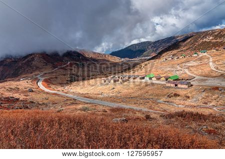 Top view of Kupup Valley at about 13000 feet high from sea level Sikkim India with beautiful Himalayan mountain range in the background.