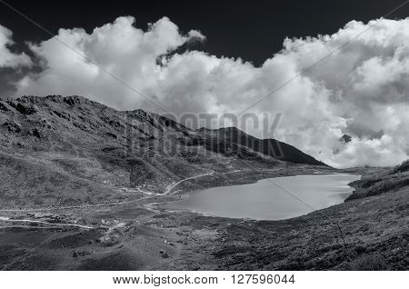 Elephant Lake named due to it's shape as a lying elephant remote high altitude lake at kupup Valley Sikkim. Himalayan mountain range Sikkim India