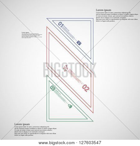 Bar rectangle infographic illustration template askew divided to three color parts. Each part contain text number and sign and is created by double outline contour.