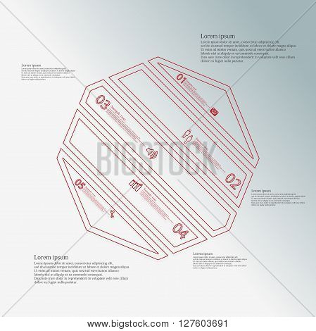 Octagon infographic illustration template askew divided to five red parts. Each part contain text number and sign and is created by double outline contour.
