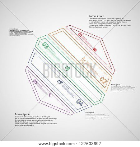 Octagon infographic illustration template askew divided to five color parts. Each part contain text number and sign and is created by double outline contour.