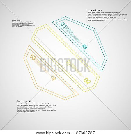 Octagon infographic illustration template askew divided to three color parts. Each part contain text number and sign and is created by double outline contour.