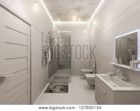 3D illustration of a bathroom interior design for children. Render bathroom picture displayed without textures and shaders