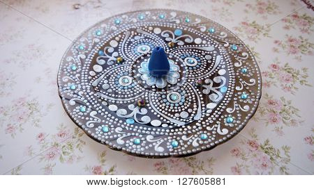 Incense holder. Point to point  painting on glass with special acrylic liners. Handmade.