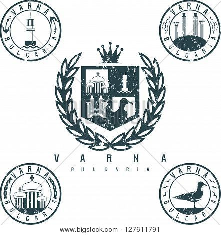 Grunge Coat Of Arms And Emblems With Landmarks Of The City Varna Bulgaria