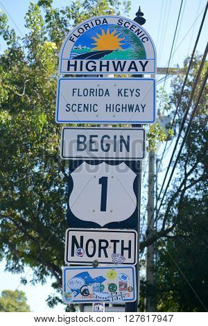 KEY WEST, FL, USA - DEC 20: Starting Point of US Route 1 sign (Mile zero) on December 20th, 2012 in Key West, Florida, USA.