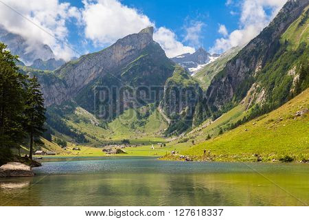 Stunning View Of Seealpsee (lake) And The Alpstein Massif
