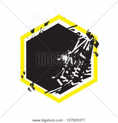 Vector Grunge Stylized Geometrical Shape With Splashes And Splatters. Hexagon Symbol Exploded And Da