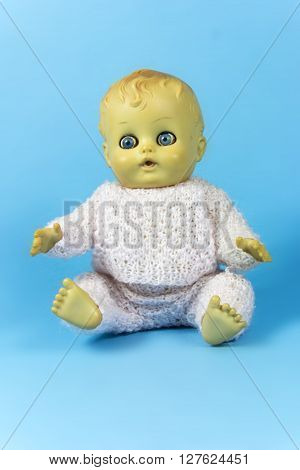 vintage doll, dolly, puppet, old toy, reto, blue, background, infant, infantile, childish