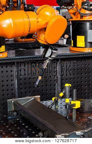 Robot welding process close up. Metal processing