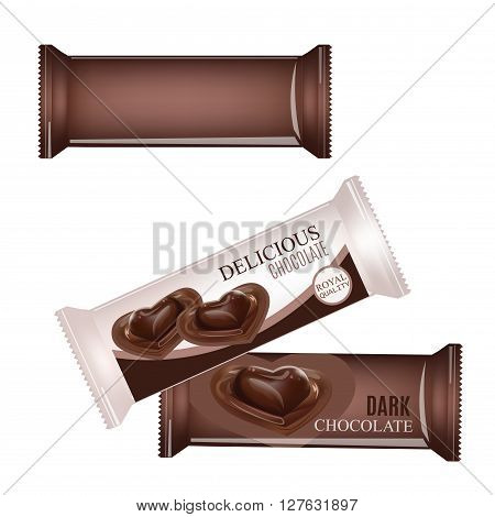 Vector Blank Food Packaging For Biscuit Wafer Crackers Sweets Chocolate Bar Candy Bar Snacks . Chocolate bar Design Isolated On White Background. Liquid Chocolate Heart Candy.