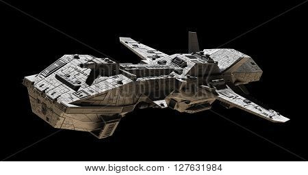 Science fiction illustration of an interplanetary gunship, isolated on black, side angled view, 3d digitally rendered illustration (3d rendering, 3d illustration)